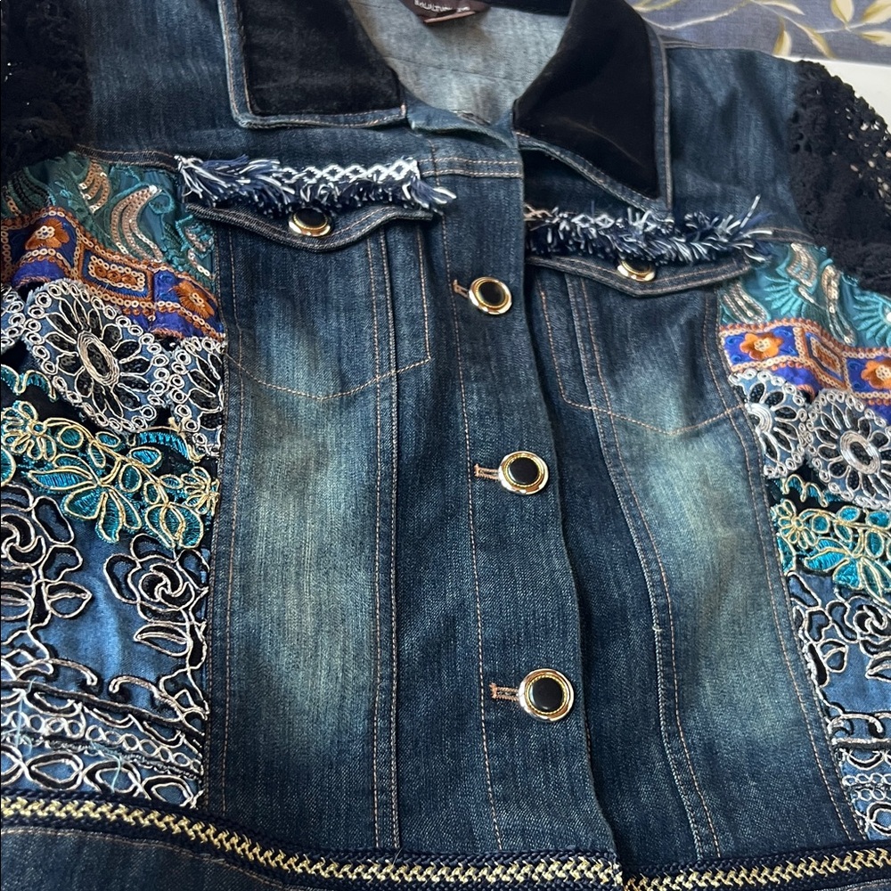 Multiples Blue Embroidered Jean jacket with crochet sleeves and embellished - Picture 8 of 9